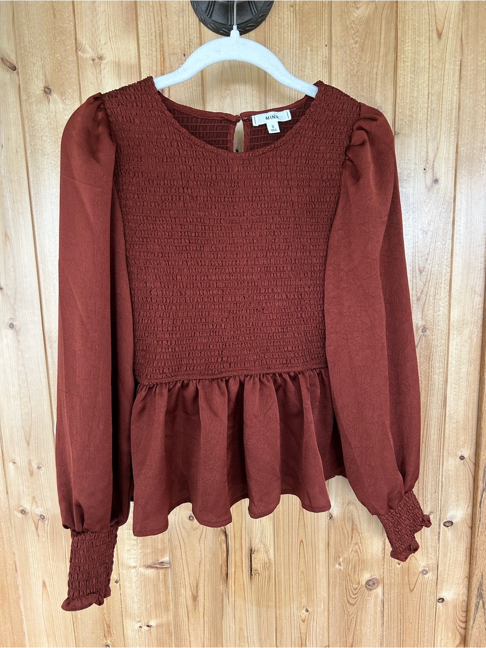 Women’s MINE Rust Long-Sleeve Smocked Peplum Top Size Small